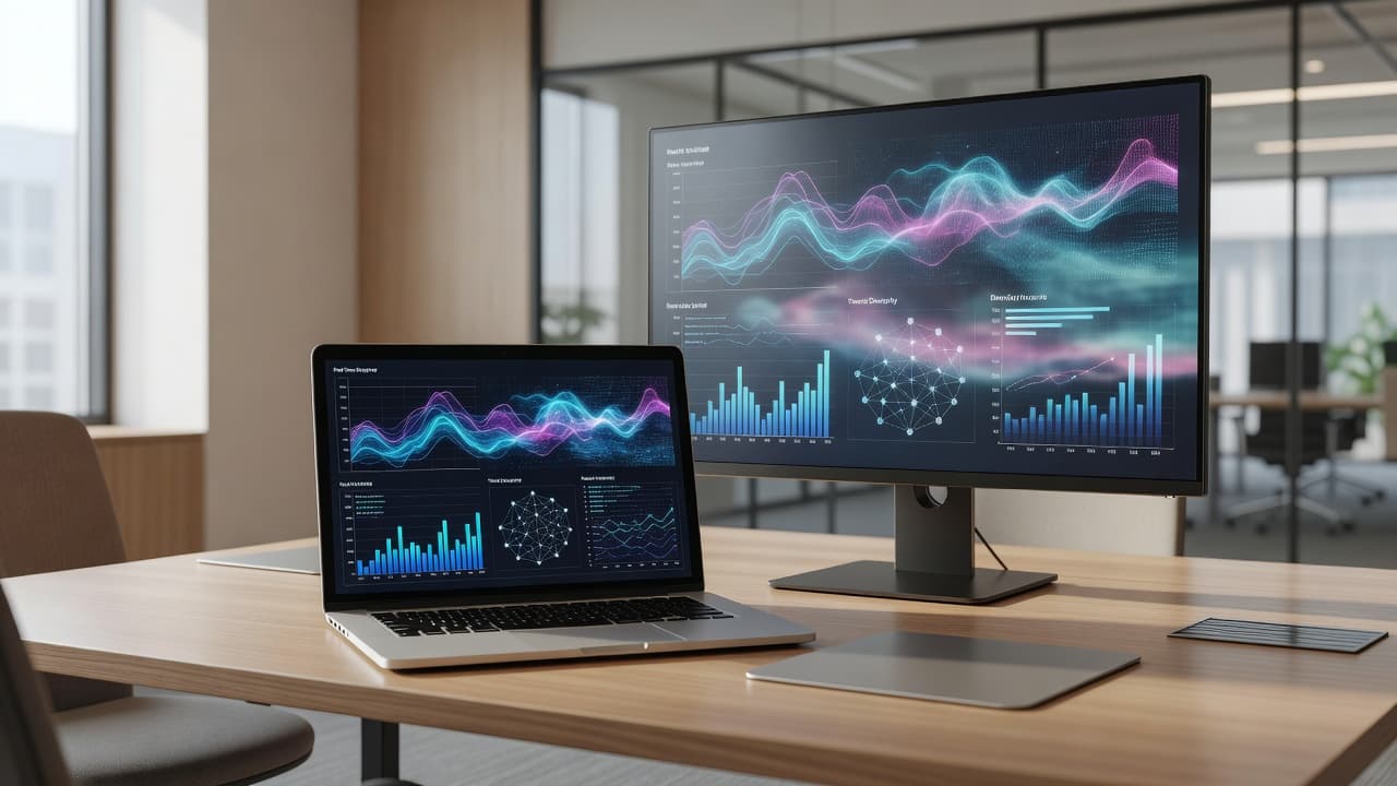 A sleek laptop and secondary monitor display glowing abstract analytical data charts on a tidy desk. Soft natural light illuminates the professional workspace while emphasizing the focus on endpoint data protection.