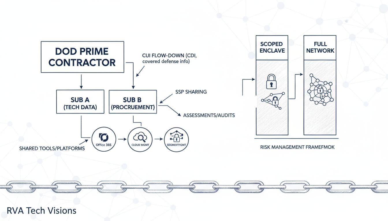 Diagram showing CUI flow-down from primes to subcontractors and scoped enclaves