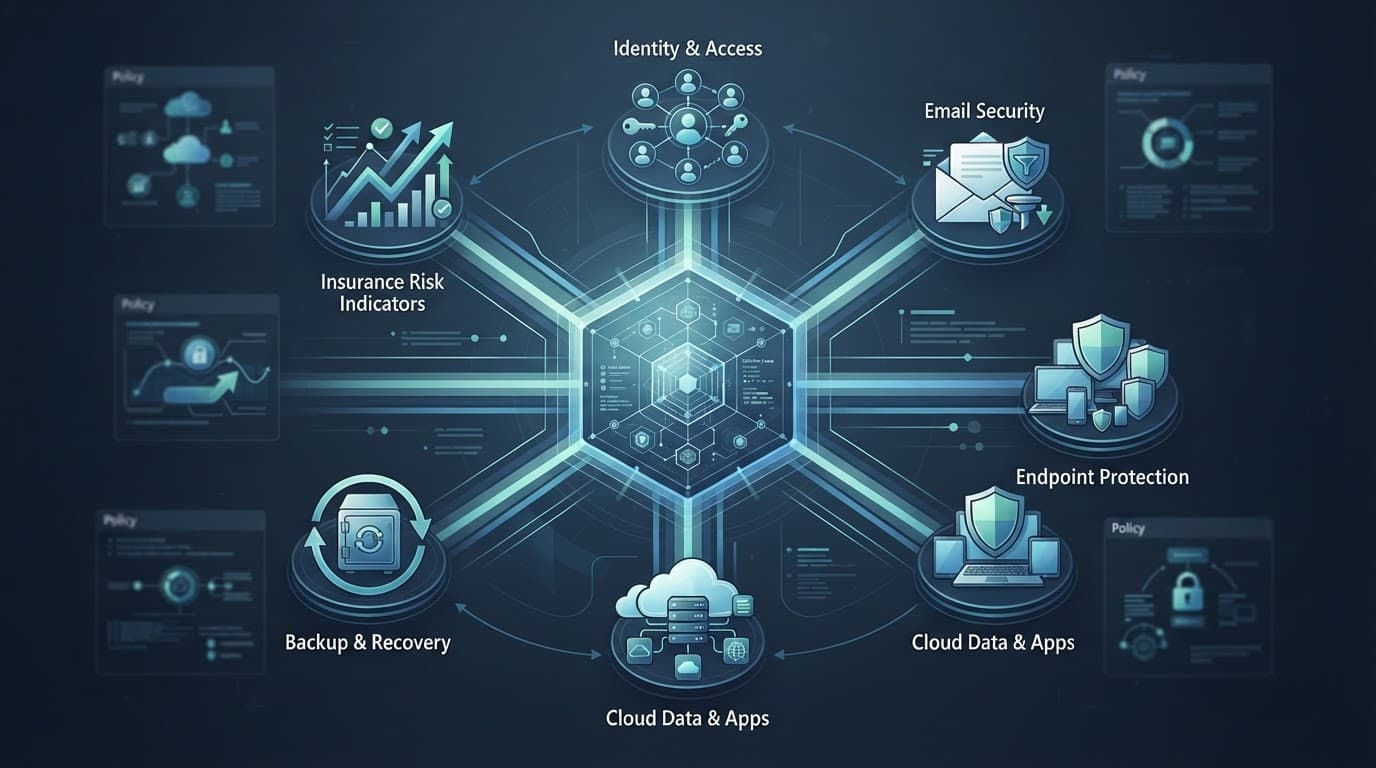 Central cyber control diagram linking identity, email, devices, cloud data, backup, and insurance risks.