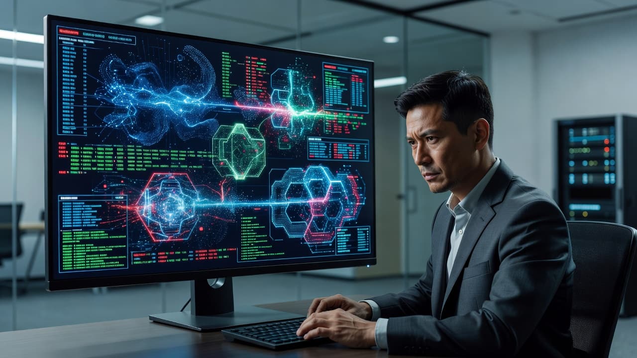 A focused professional observes a glowing wall of complex data visualization on a large screen within a dark office. The digital interface displays intricate security metrics and network monitoring charts.