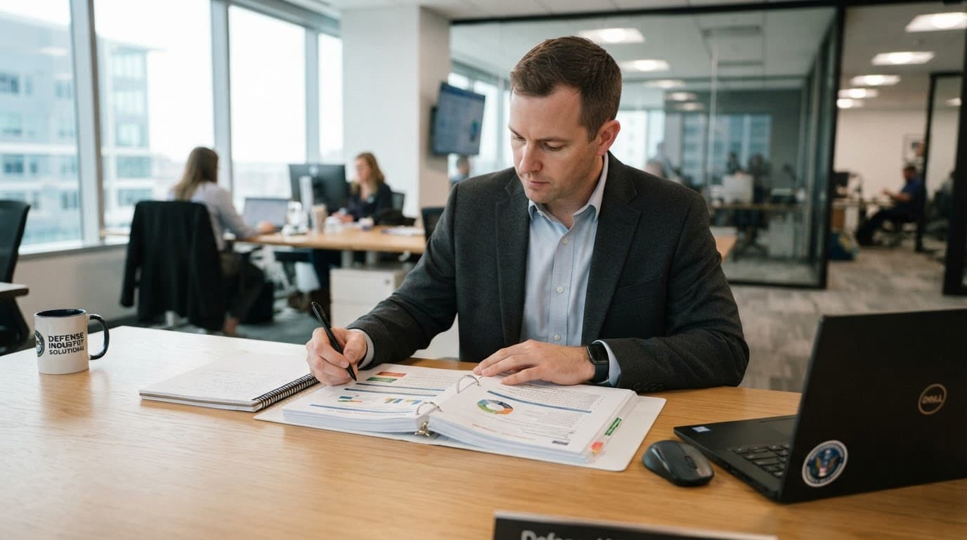 A professional reviewing printed compliance documents at a modern wooden desk.