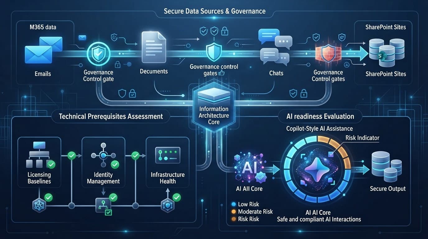 Blue diagram showing secure data flows, governance controls, risk alerts, and an assistant interface.
