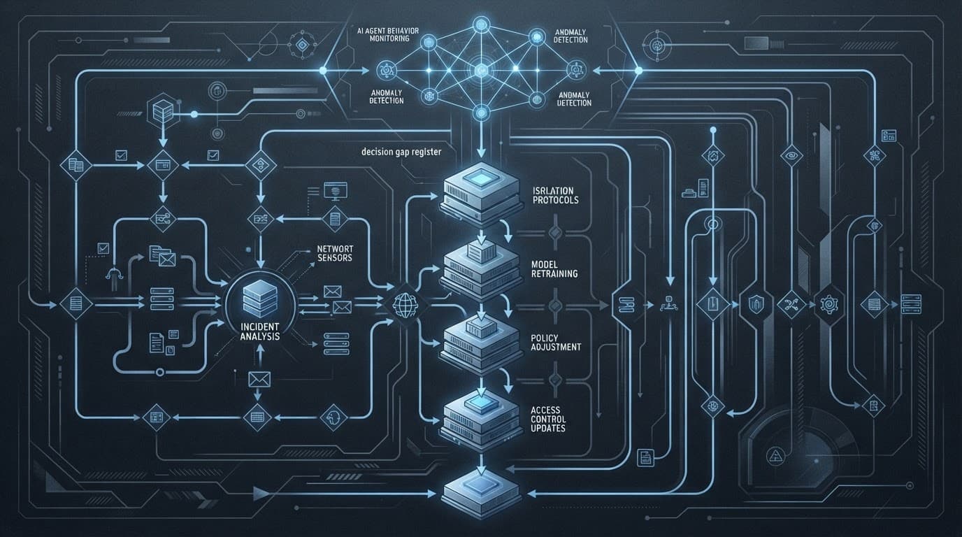 Blue and graphite diagram showing a cybersecurity workflow with decision points and remediation steps.