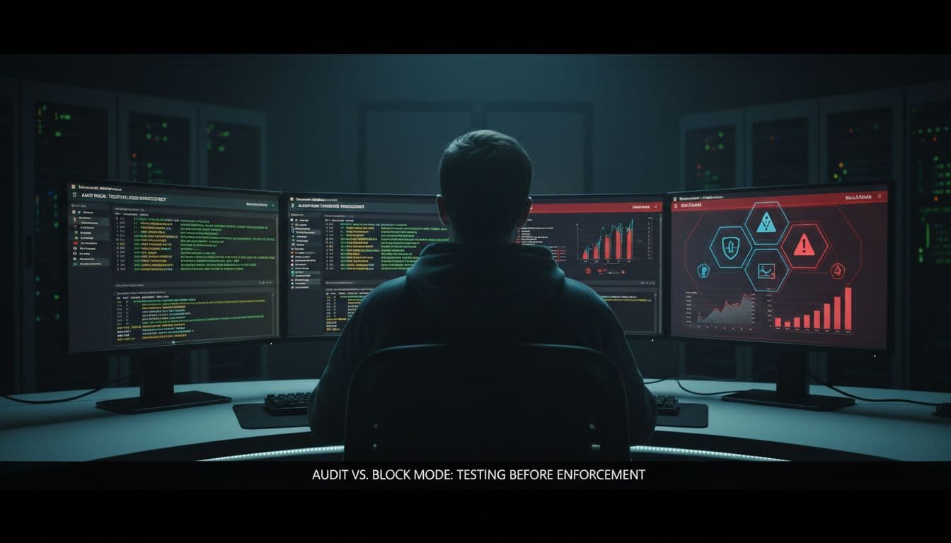 Split-screen comparison in a cybersecurity operations center: left shows Defender audit mode logs of blocked attempts, right displays block mode enforcing rules with charts and alerts, one analyst at desk under dim lighting.