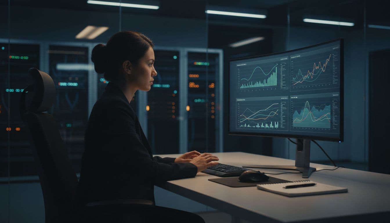 A solo cybersecurity specialist in a secure office analyzes audit logs on a computer screen featuring chart visuals, under dim ambient lighting for focus. The desk holds a notepad and mouse, with hands resting naturally in a professional realistic landscape style.