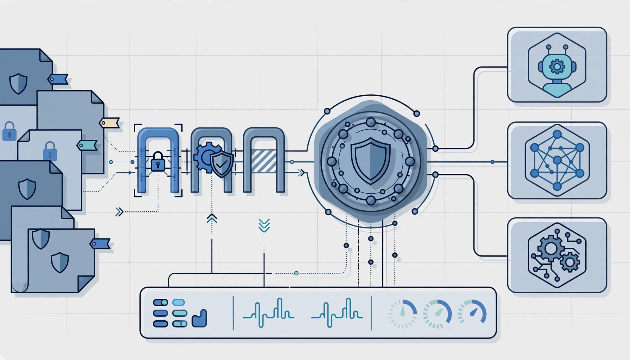 Tagged documents pass through policy gates before reaching several agent symbols.