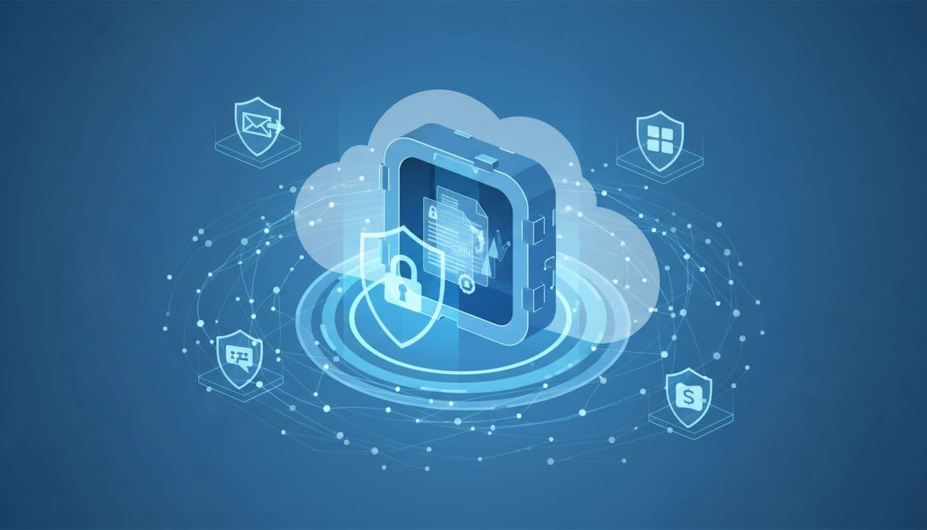 A locked digital vault holds sensitive documents in a cloud environment, protected by glowing shields with subtle icons for email endpoint and SharePoint, in a professional blue-toned infographic style.