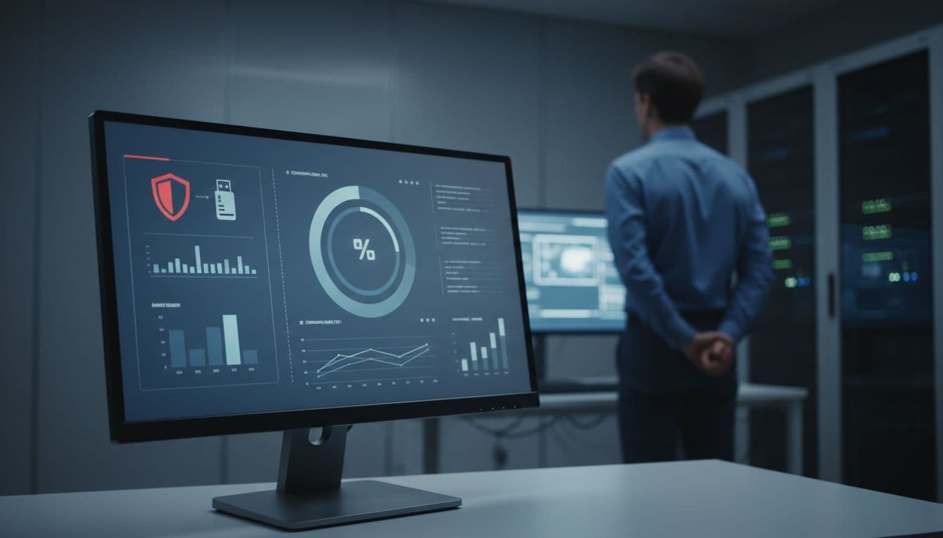 Dashboard view on a computer screen in a secure office setting, displaying endpoint security alerts for a blocked USB device and a compliance status graph. One person in the background reviews data under dim professional lighting in a realistic corporate style.