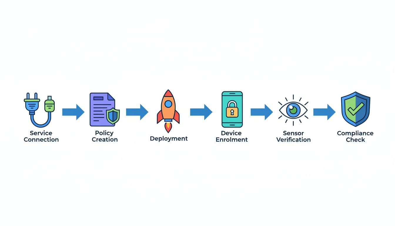 Clean professional flowchart illustrating six linear steps: service connection, policy creation, deployment, device enrollment, sensor verification, and compliance check, with simple icons connected by arrows on a white background in vector art style using bright colors.