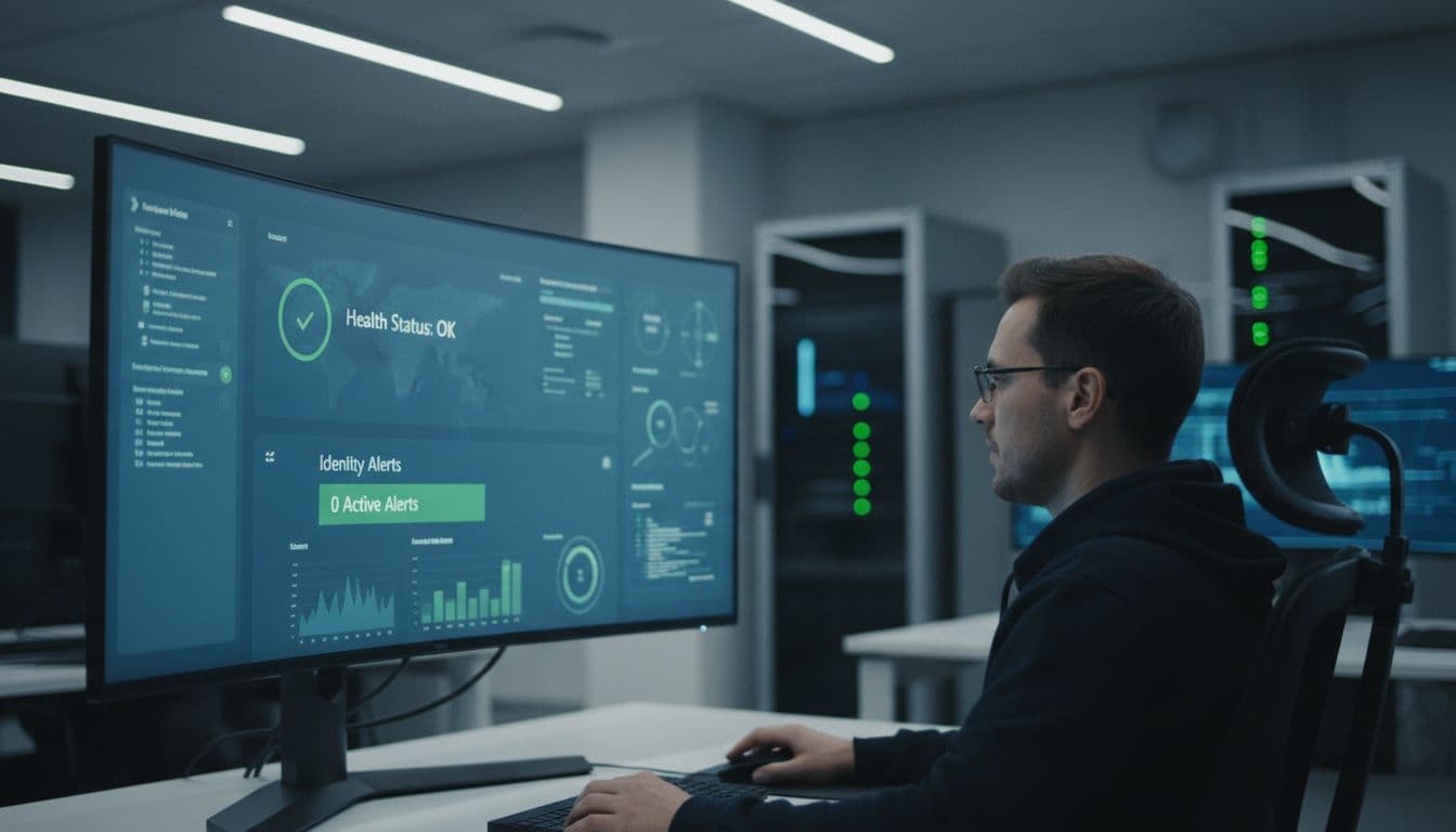 Security analyst seated before large monitor displaying green-status Defender for Identity dashboard in operations center.