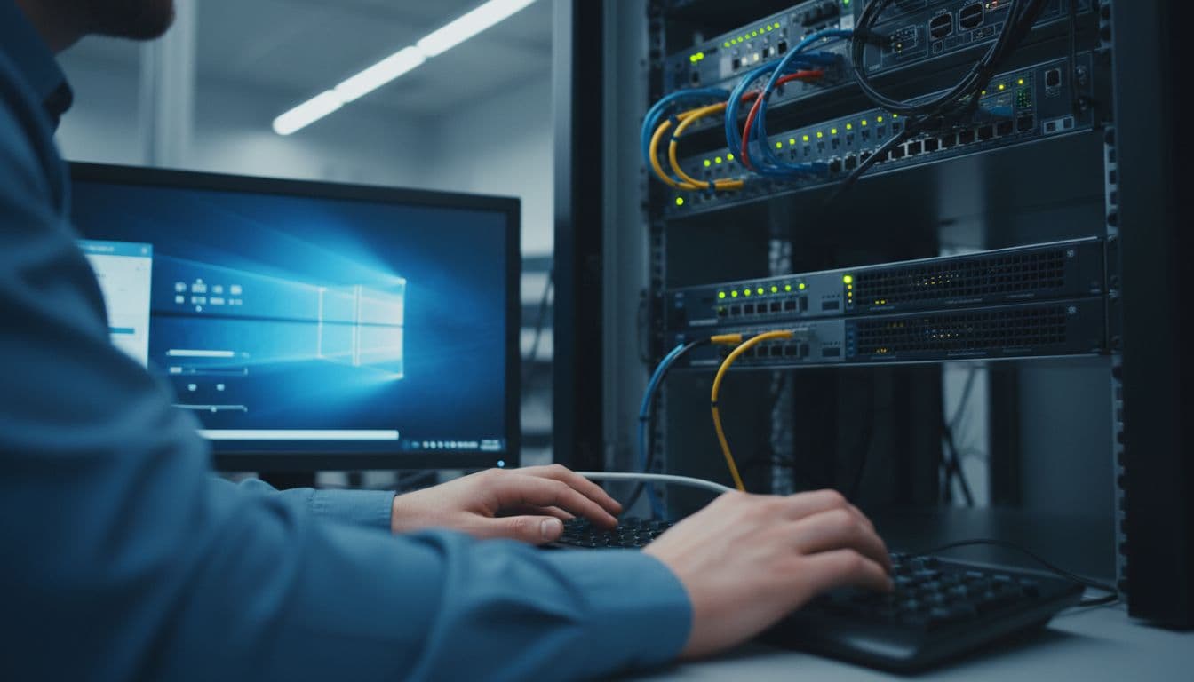 IT administrator installs Defender for Identity sensor on Windows server in server room, hands near keyboard, cables connected, setup wizard on screen.