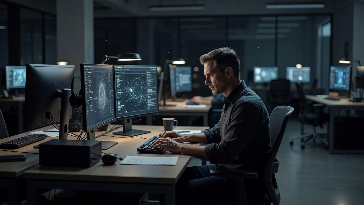 A focused professional works at a secure computer station within a dimly lit, high-tech office.
