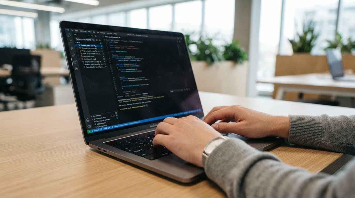 Close-up of a developer typing code on a laptop keyboard in a bright office.