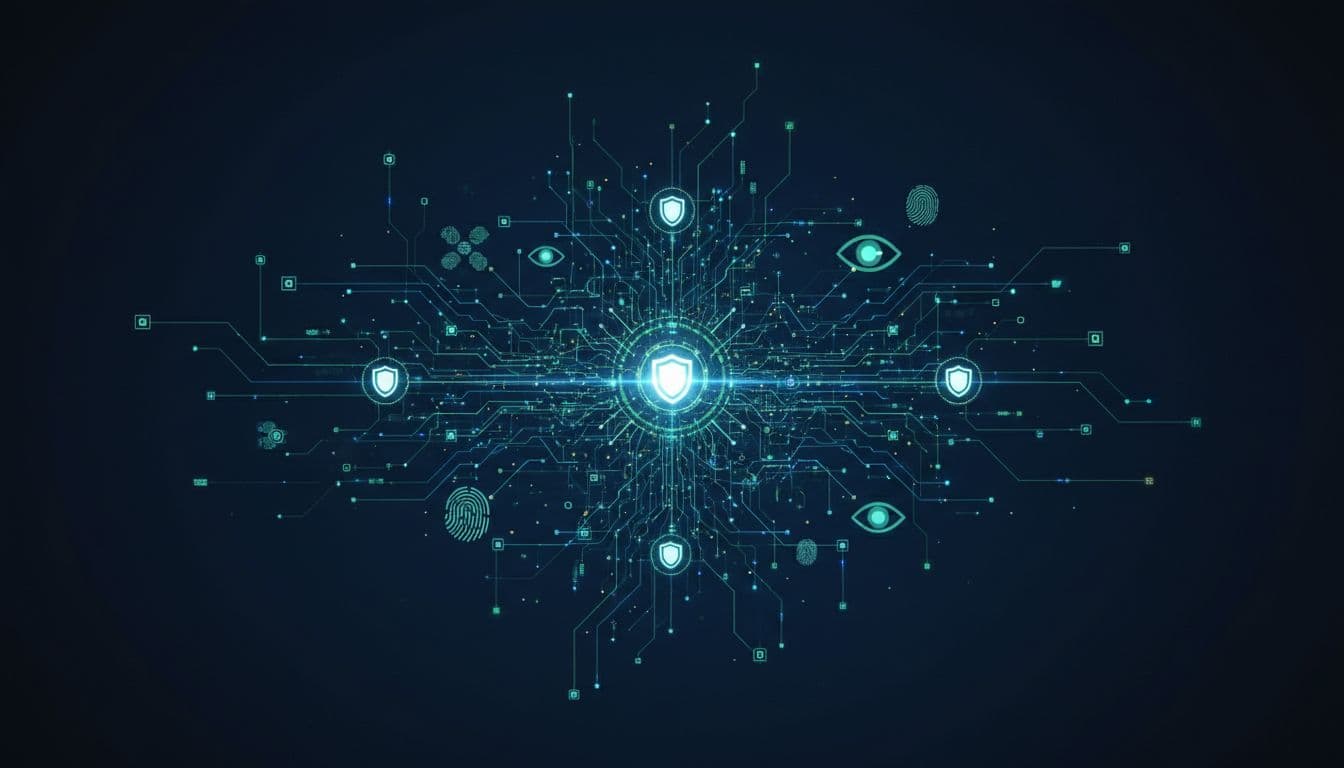 Glowing interconnected nodes illustrate a complex digital network for secure identity and access management.