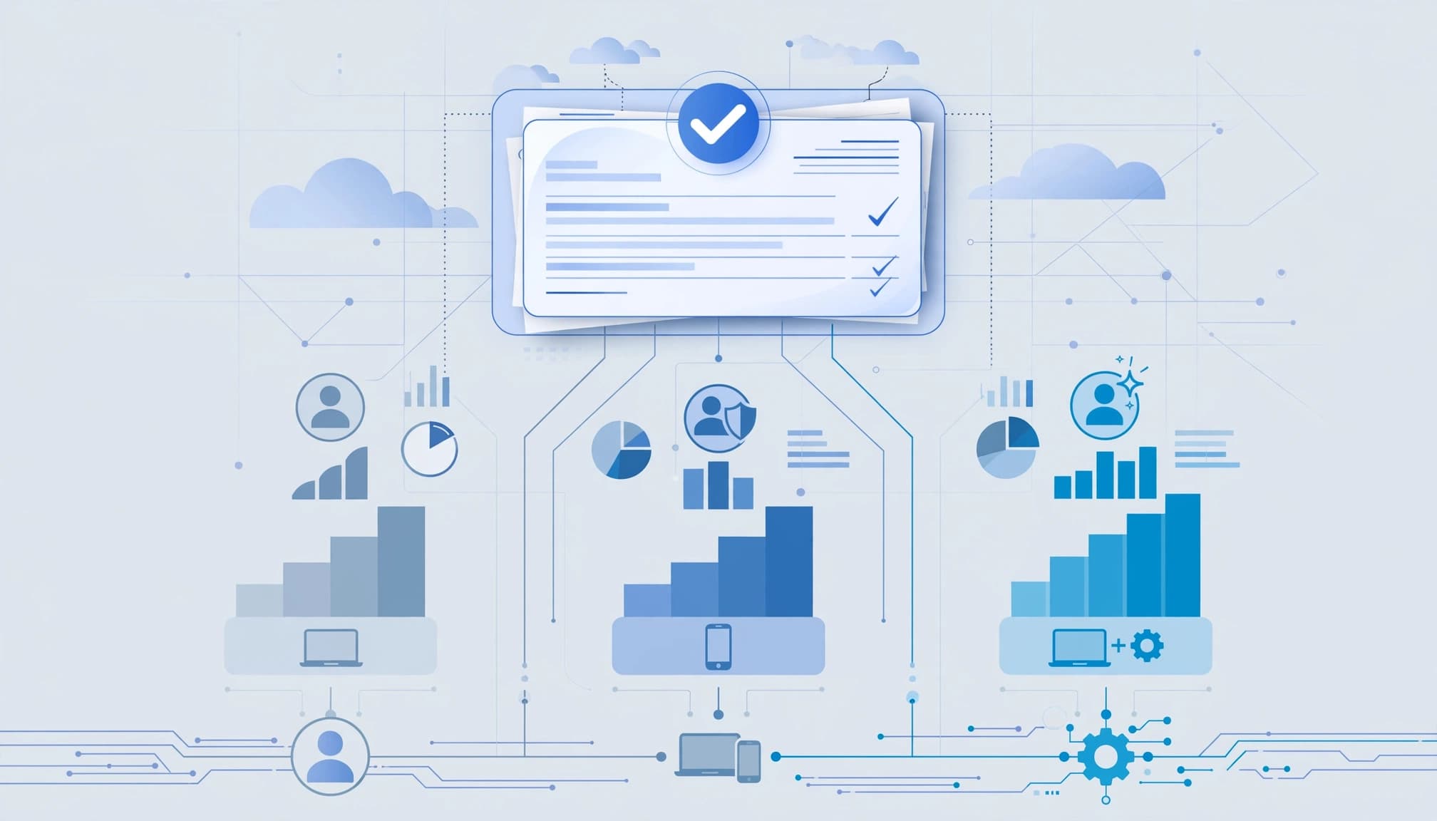 Abstract ledger compares Microsoft 365 plans with cloud, identity, and governance connections.
