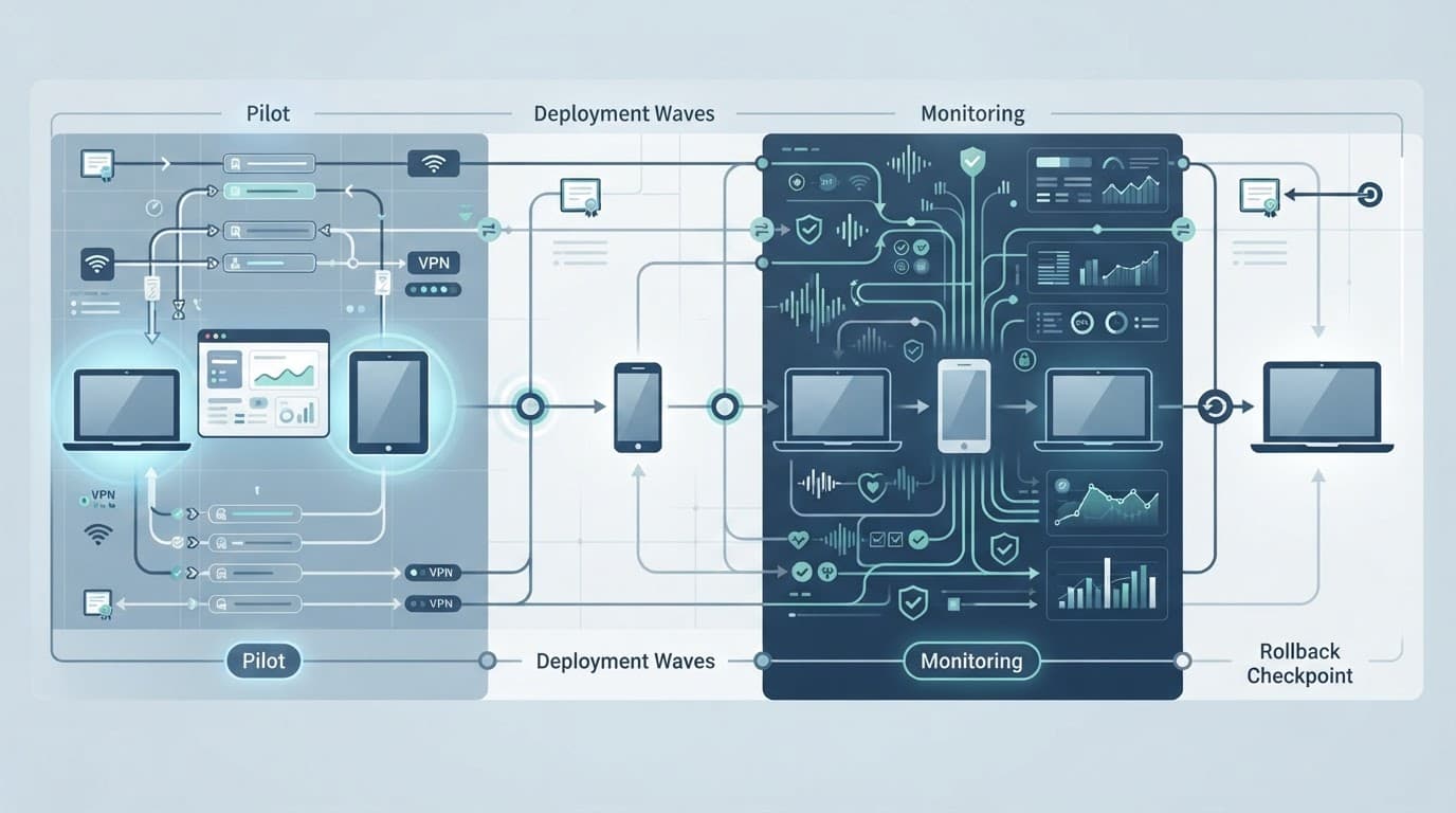Four devices move through certificate testing, rollout, monitoring, and rollback stages.