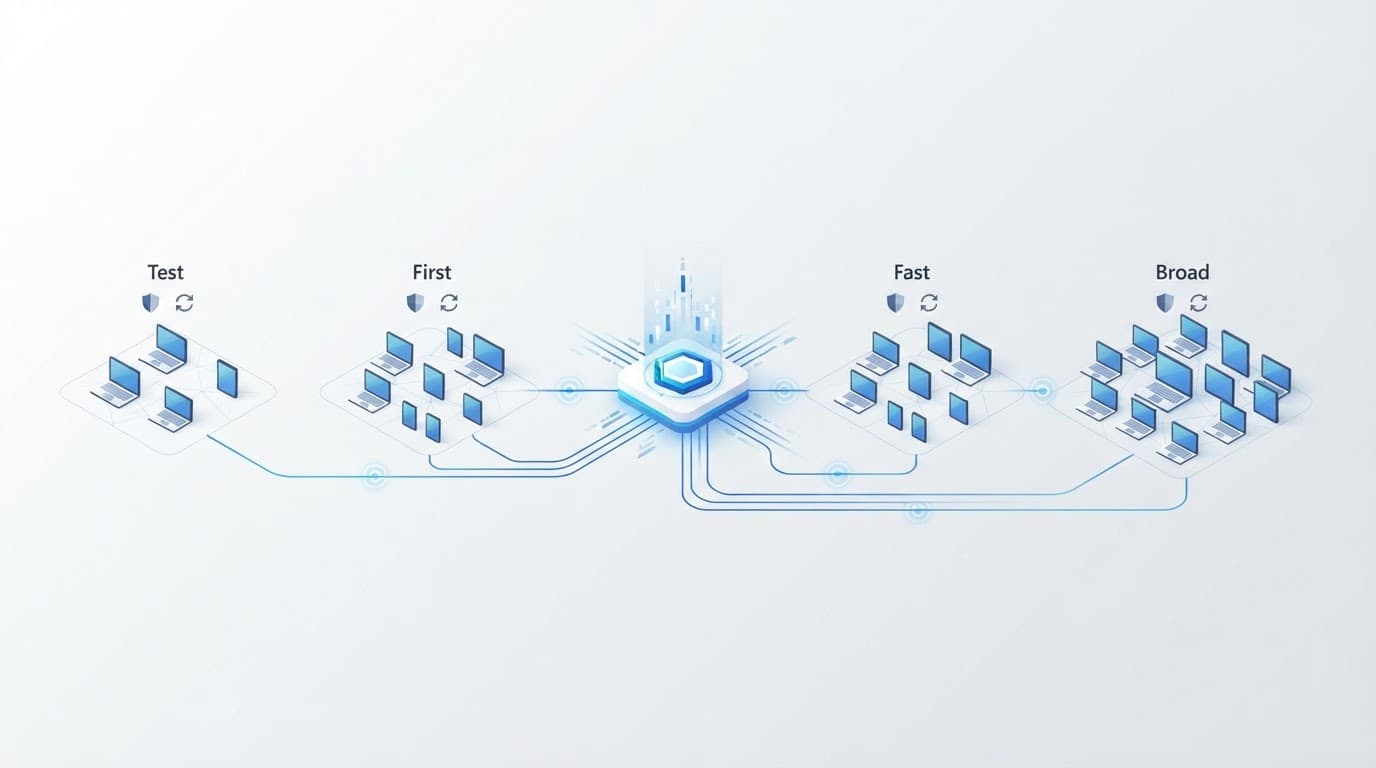 Cloud control connects four staged device groups with shield and update symbols.