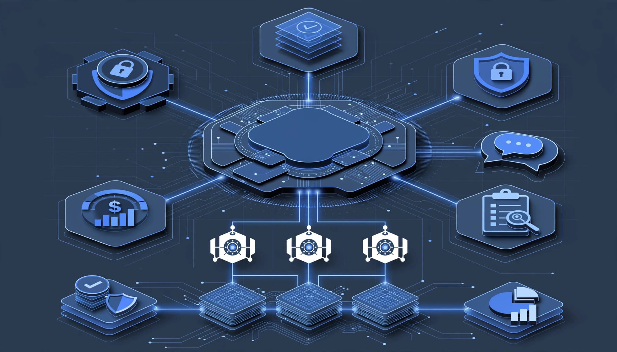 Isometric control plane linking agents with identity, security, compliance, and cost oversight.
