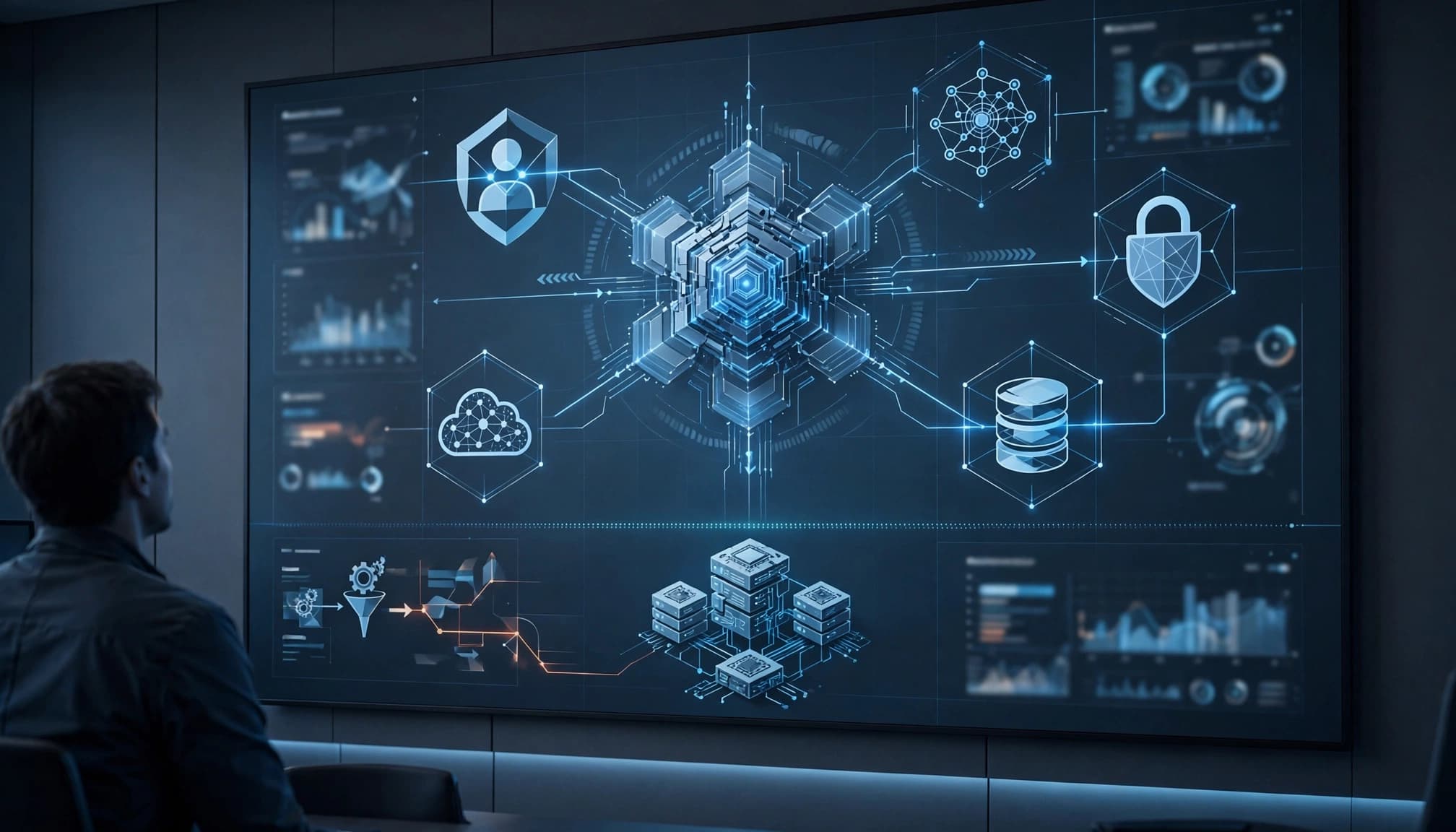 One operator views a blue architecture diagram linking identities, agents, security, data, and cloud services.