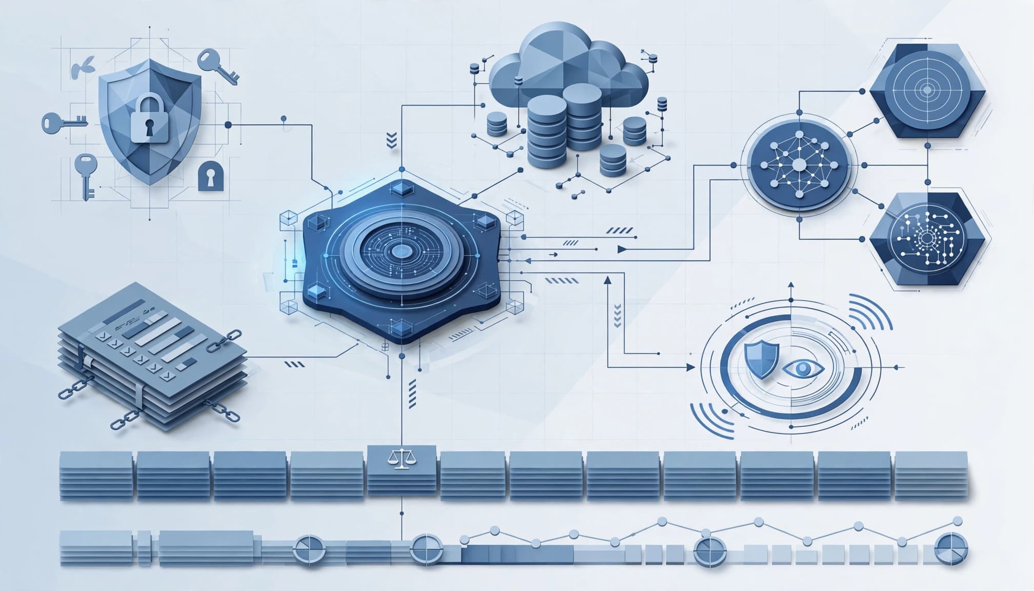 Central governance node linking AI agents, cloud data, identity, audit, and security layers.