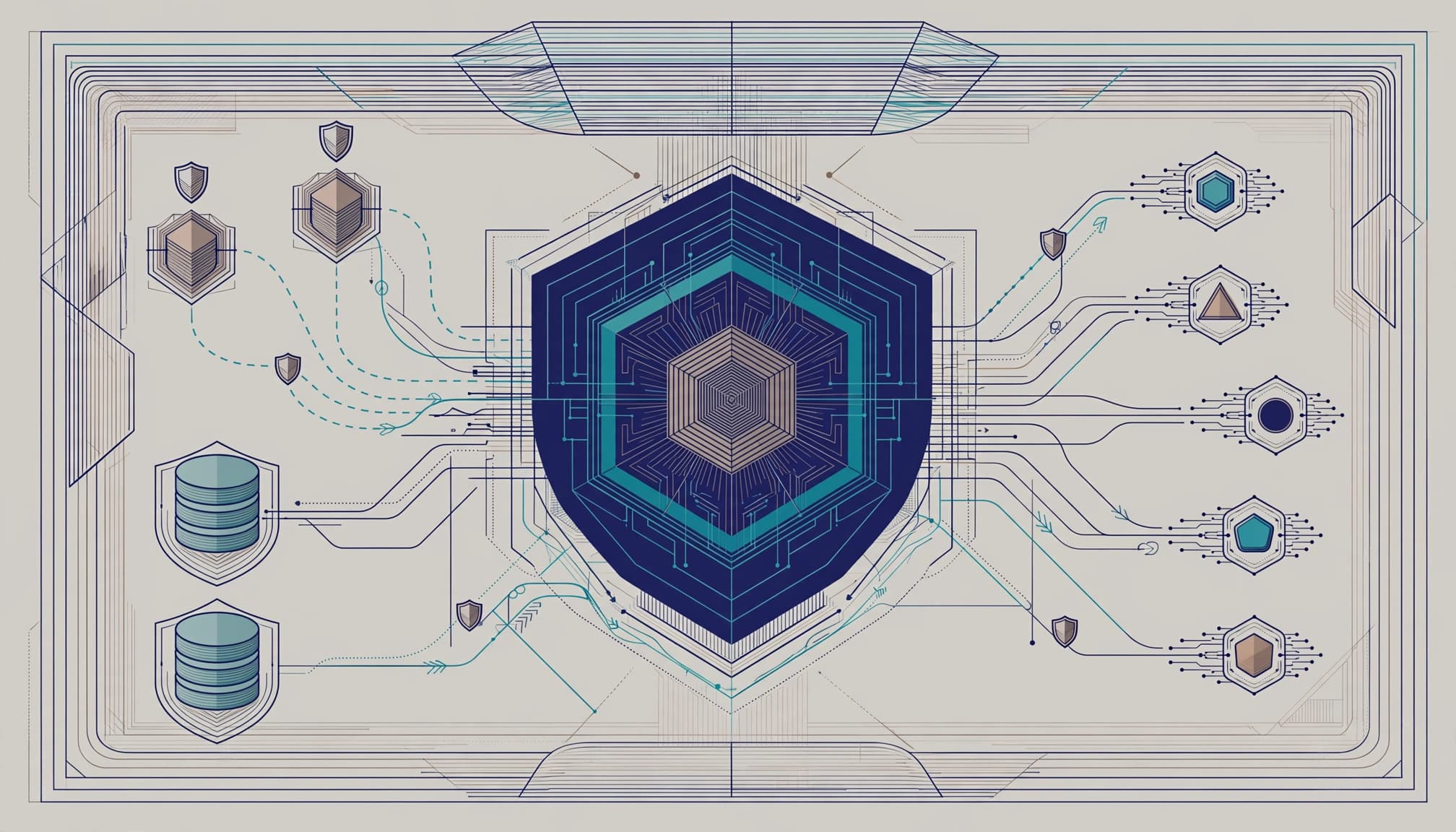 A central control layer connects agent nodes, data stores, and approval points within secure boundaries.