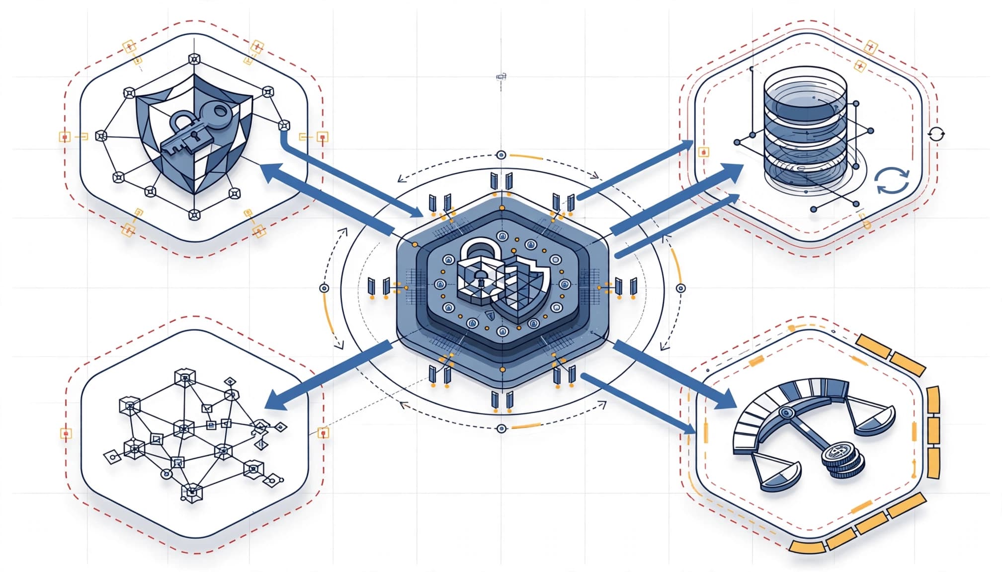 Diagram showing a central governance hub linked to identity, data, endpoint, and billing zones.