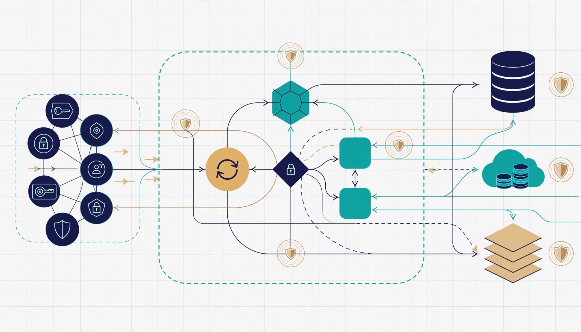 A layered security map connects identity nodes, data stores, and monitored control points.
