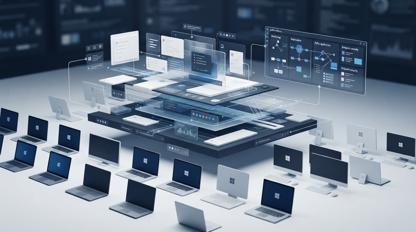 Generic computers surround a central endpoint security and policy system.