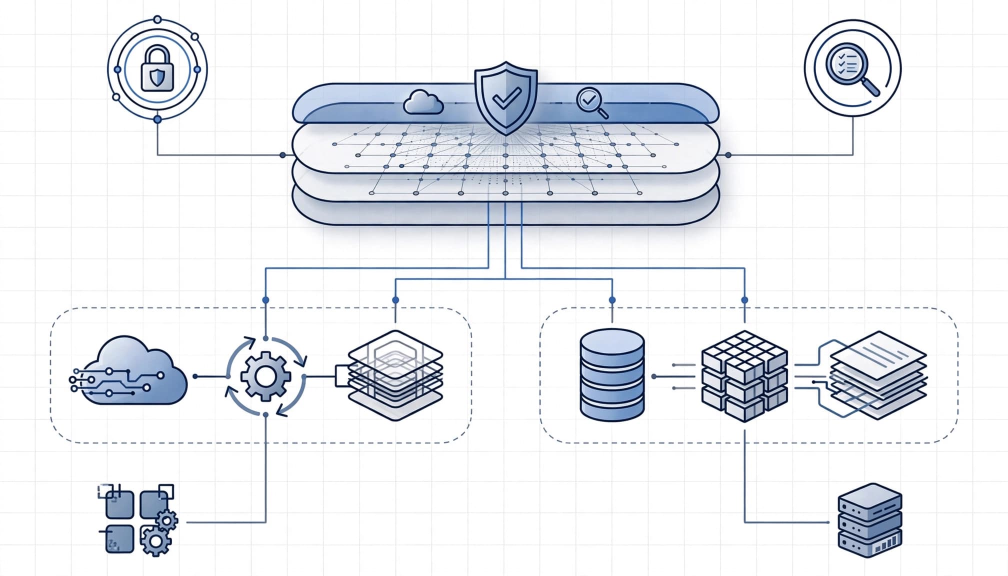 A central policy layer connects cloud, identity, audit, and workload systems.