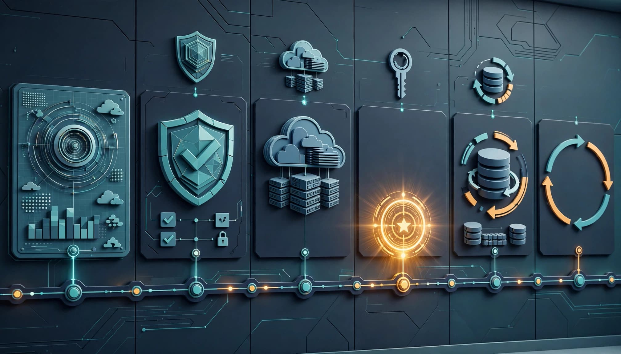 A governance timeline connects IT compliance and continuity checkpoints in a secure operations room.
