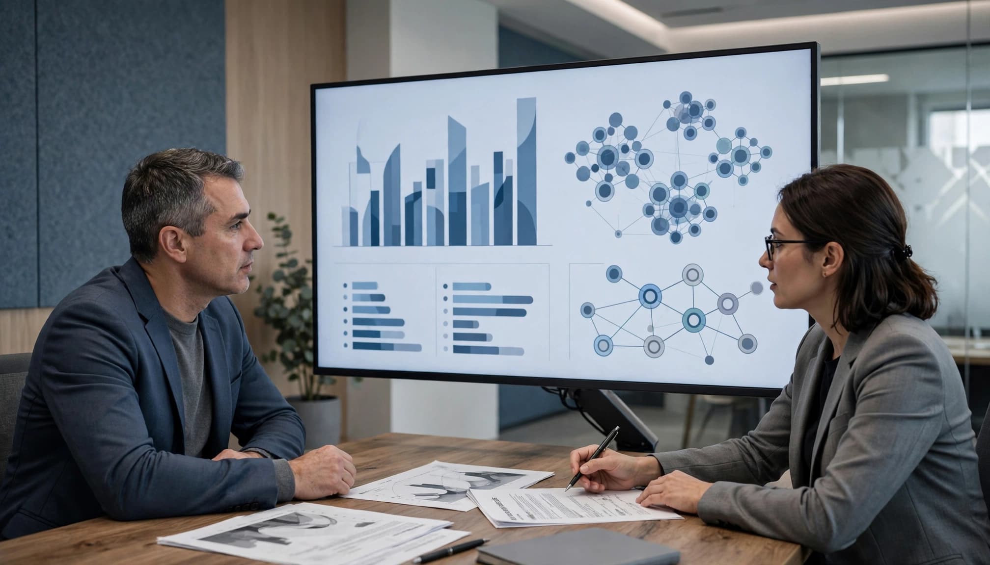 Two professionals review license usage charts beside a printed audit report.