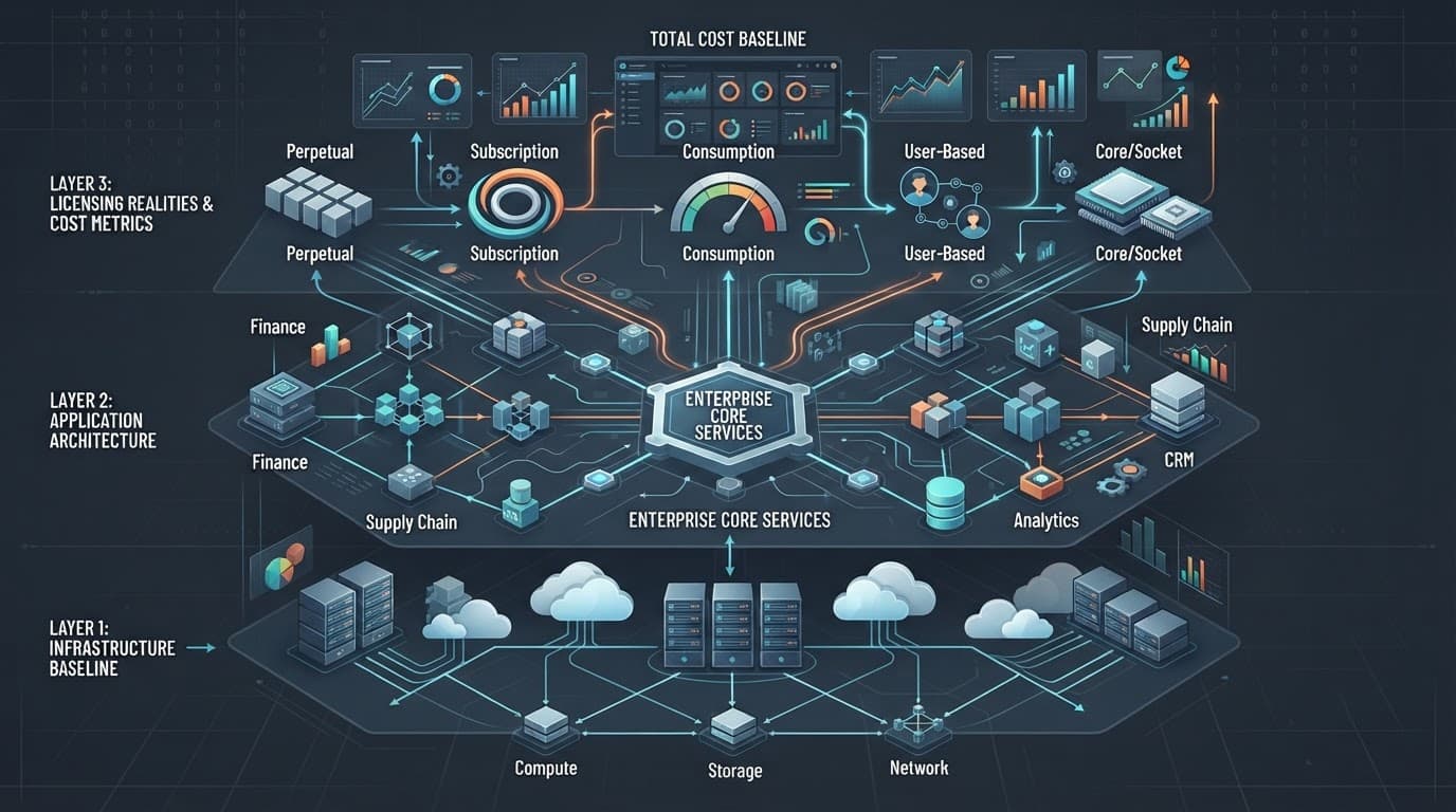 Abstract software layers and connected nodes form an enterprise licensing baseline diagram.