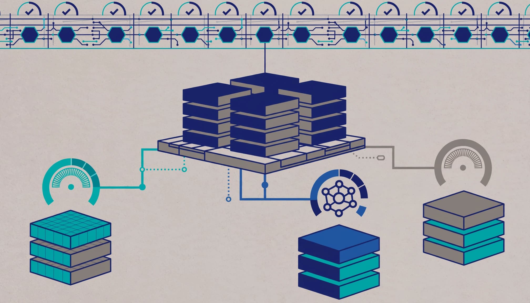A technical vector diagram showing a central dark blue server block connected to various meters and smaller capacity blocks.