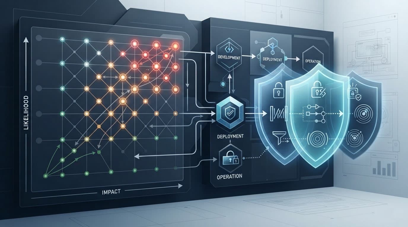 Abstract privacy risk matrix beside agent lifecycle nodes and shield-like controls.