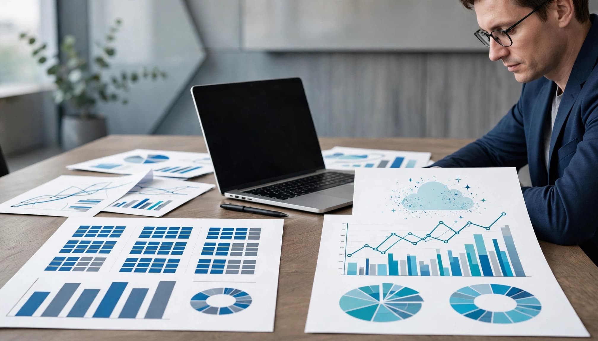 An IT leader reviews a laptop and charts comparing fixed licenses with variable AI costs.