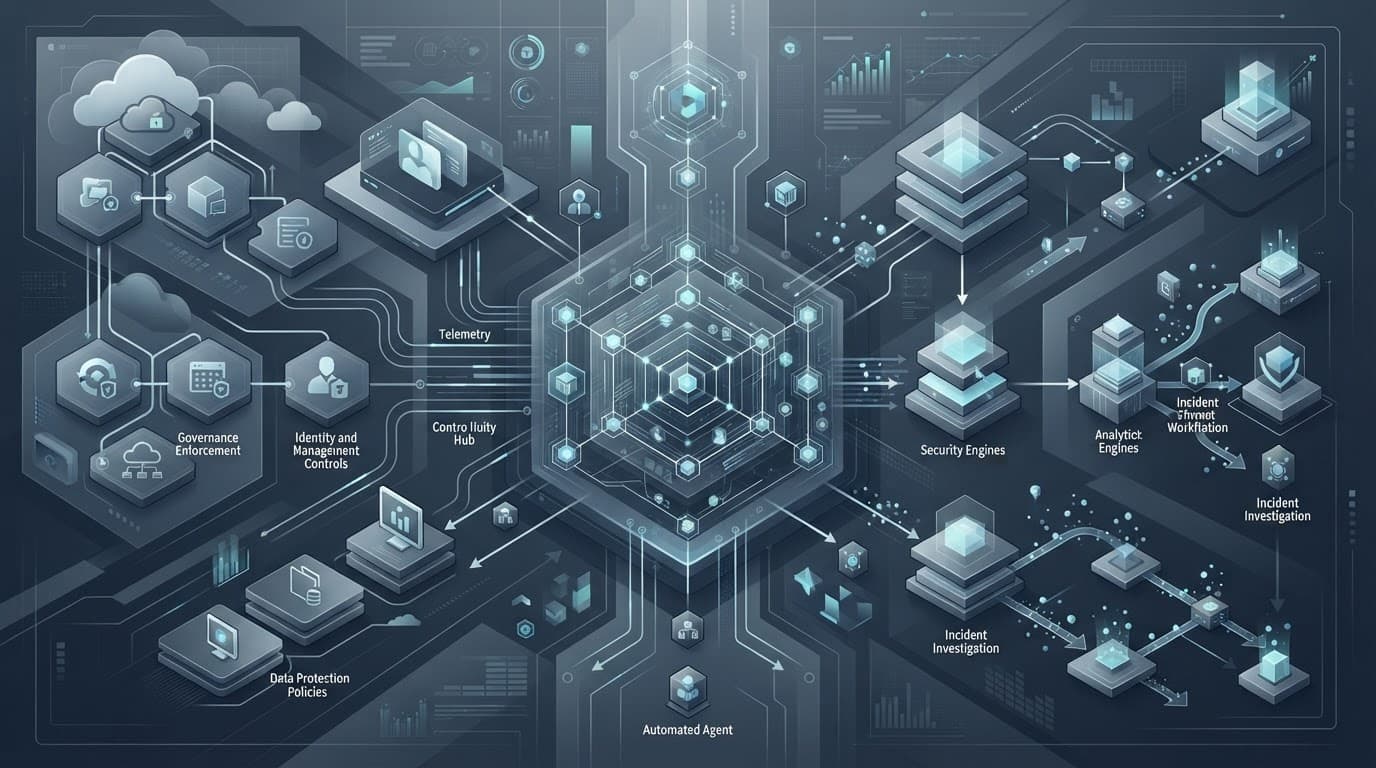 Blue security control plane with connected workflow nodes and dashboard elements.