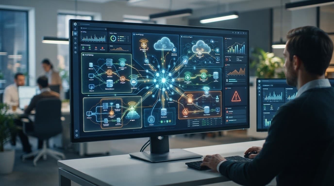 Computer screen showing network connections and access boundaries in a modern office.
