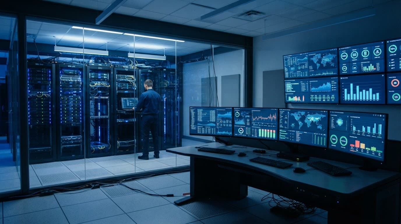 A modern server room with compliance dashboards and one person working in the background.