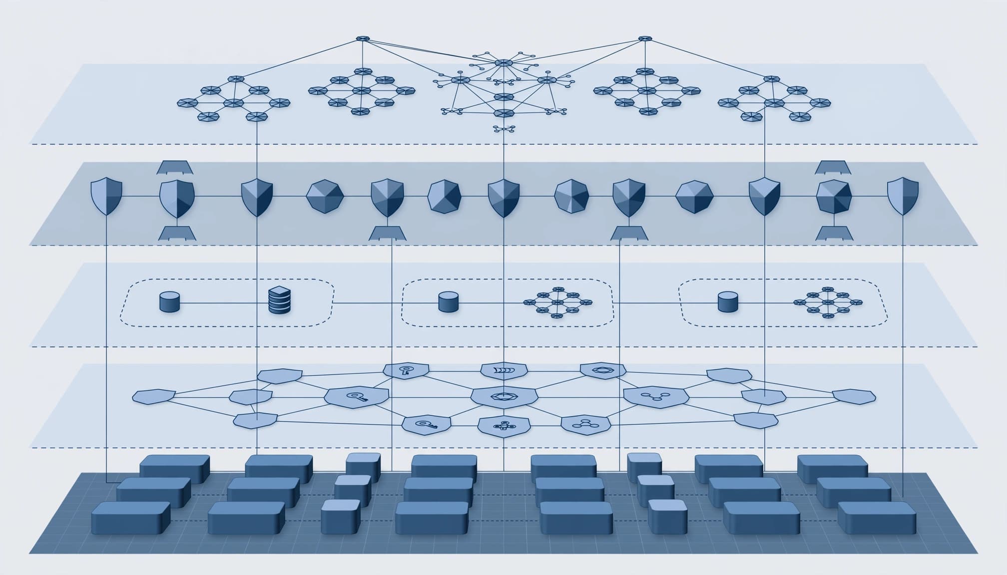 Layered enterprise diagram connecting licensing, identity, data, security, and AI governance zones.