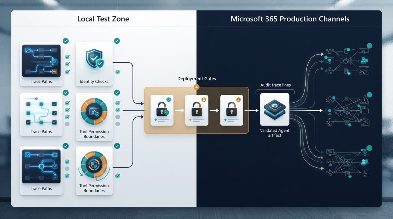 A technical board connects testing evidence to production approval paths.