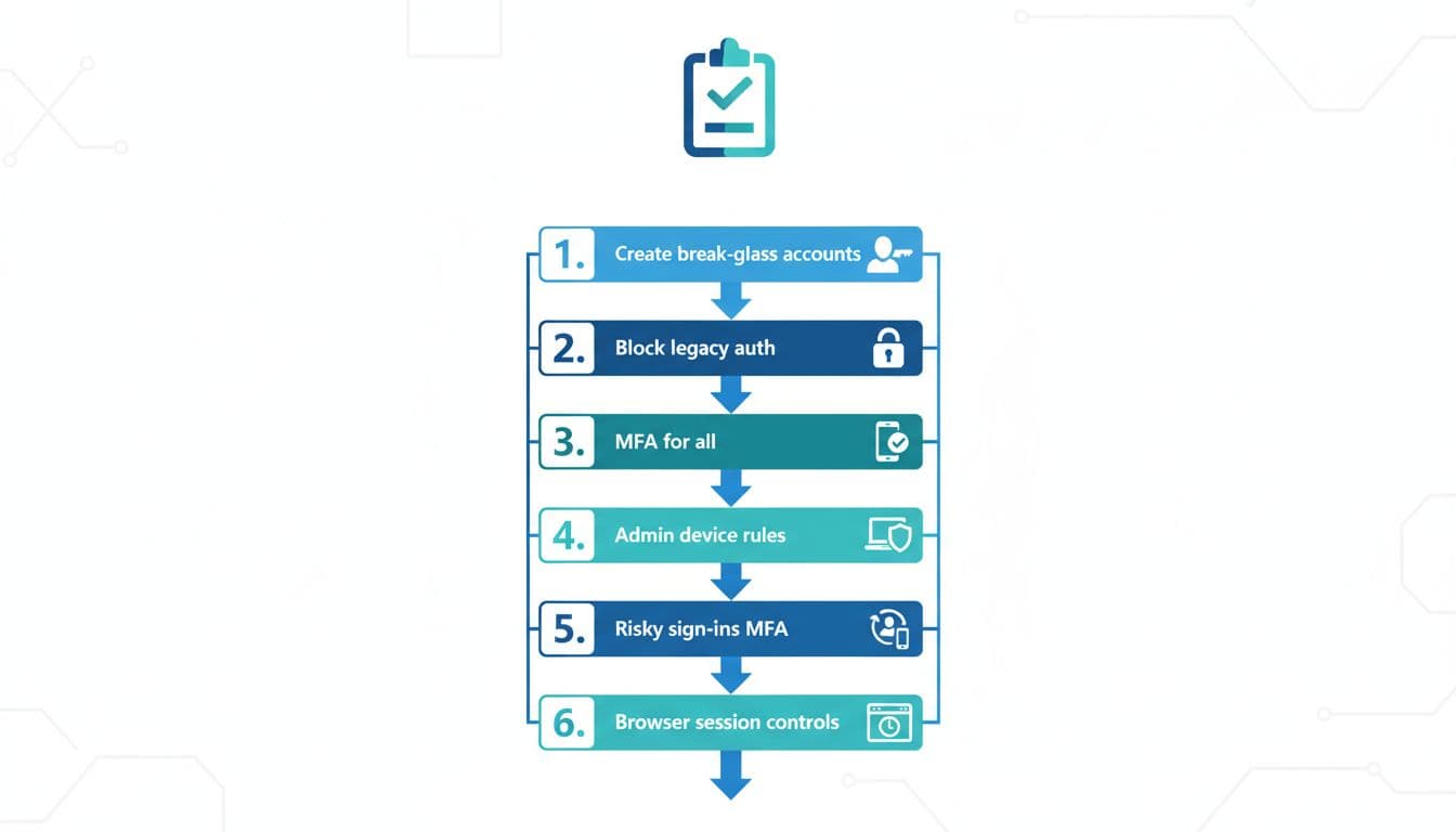 Clean modern flat-vector infographic depicting vertical flowchart of 6 implementation steps for Microsoft Entra ID Conditional Access in small businesses, from break-glass accounts to browser session controls.