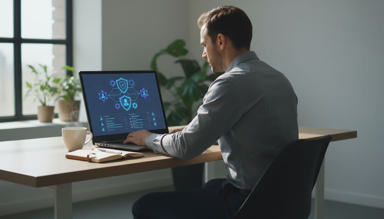 IT security administrator seated at desk reviews privileged user roles on laptop screen showing abstract icons.