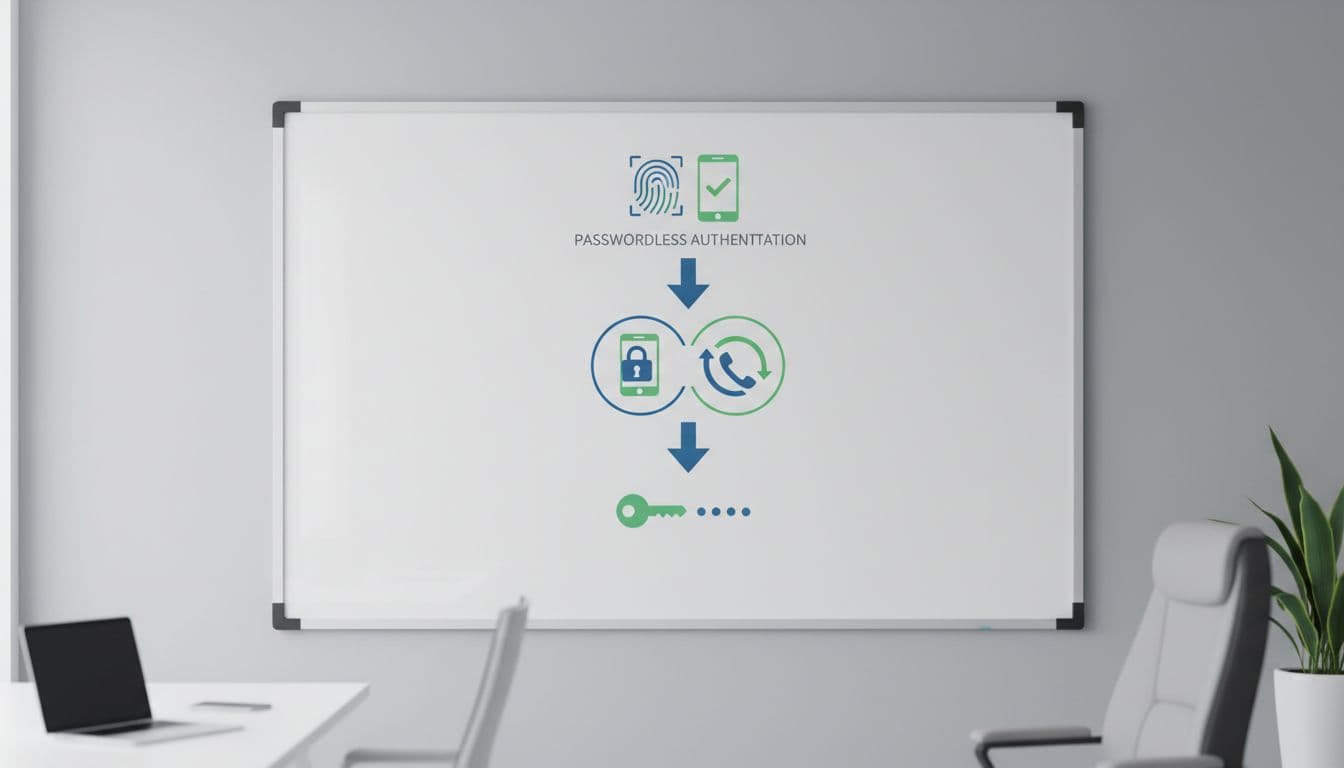 Whiteboard in modern office displays hierarchy diagram with passwordless icon at top, MFA middle, password bottom.