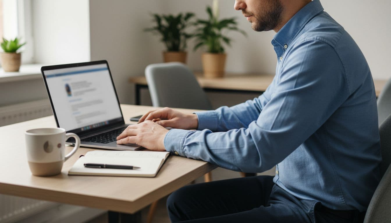 An IT admin in a small business office configures an Entra ID break glass account on a laptop screen at an angle, with blurred interface, relaxed hands on keyboard, modern desk featuring coffee mug and notepad, under natural daylight in realistic photo style.