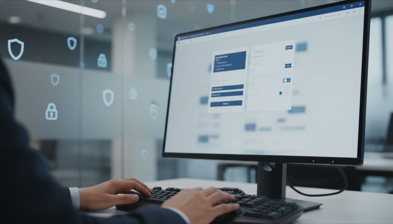 Close-up of a desktop monitor angled slightly, showing a blurred Conditional Access policy configuration screen in the Entra ID admin center with no readable text. Hands rest nearby on a professional office desk featuring subtle security icons and soft lighting.