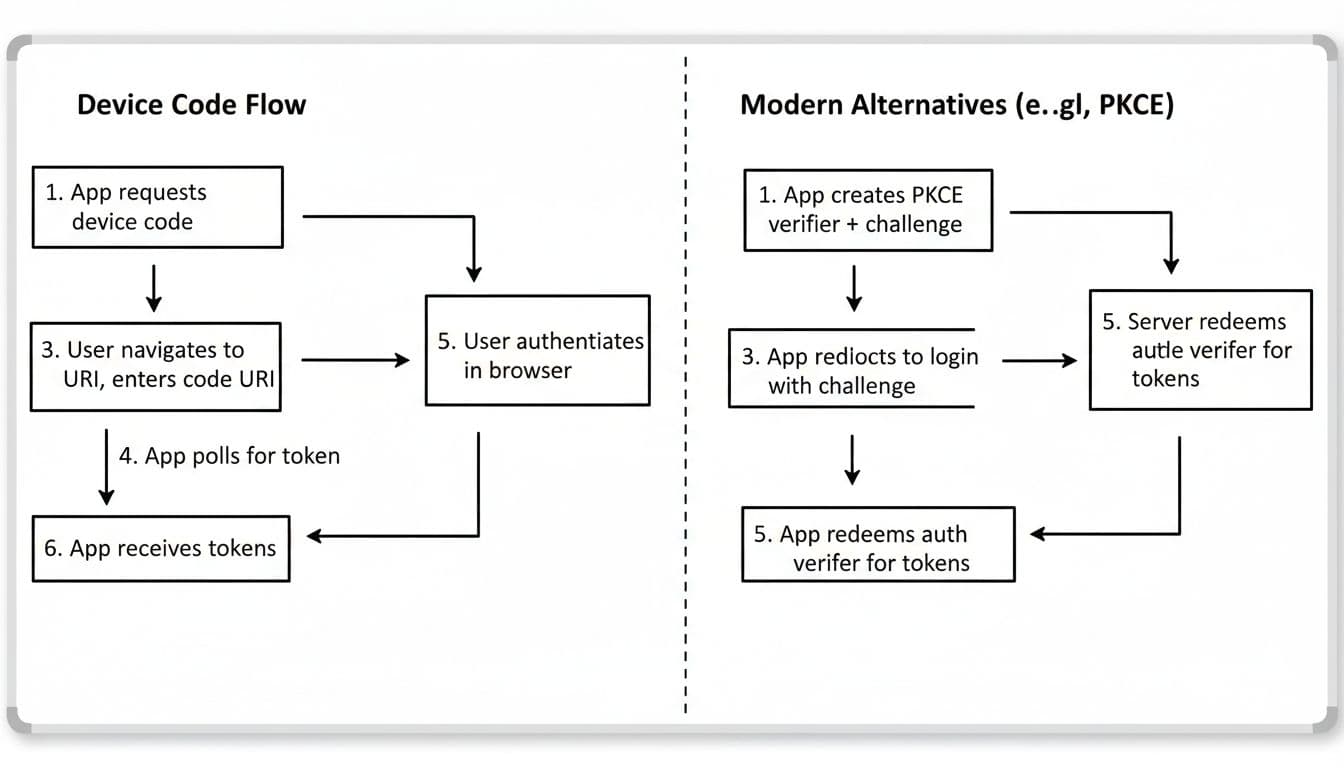 Minimalist flowchart on whiteboard with arrows linking steps in device code flow versus PKCE alternatives.