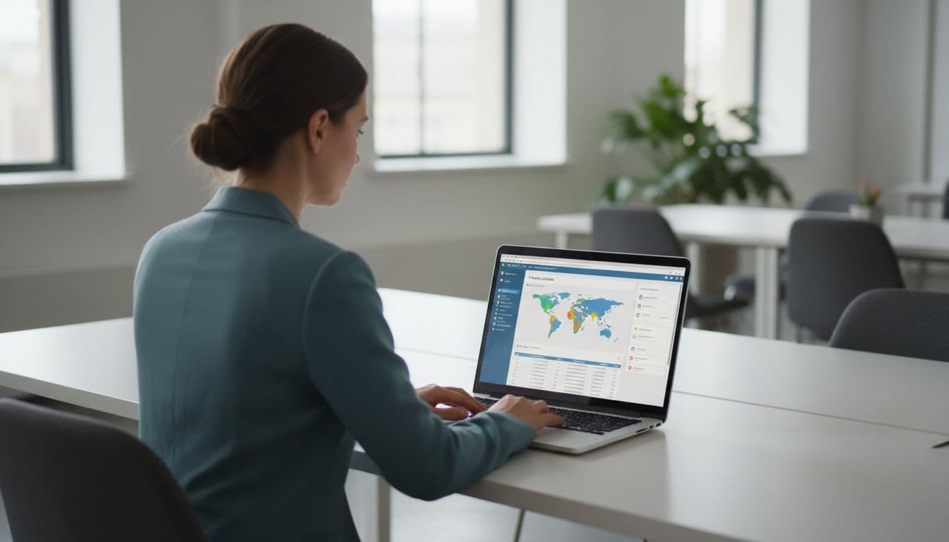 IT admin at desk in modern office views Entra ID named locations dashboard on laptop.