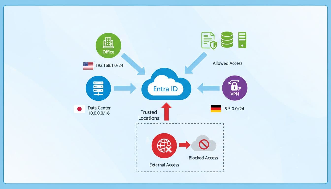 Network diagram connects trusted locations with IP ranges and flags to central Entra ID cloud via arrows to CUI resources, showing office, data center, VPN icons and blocked external access.