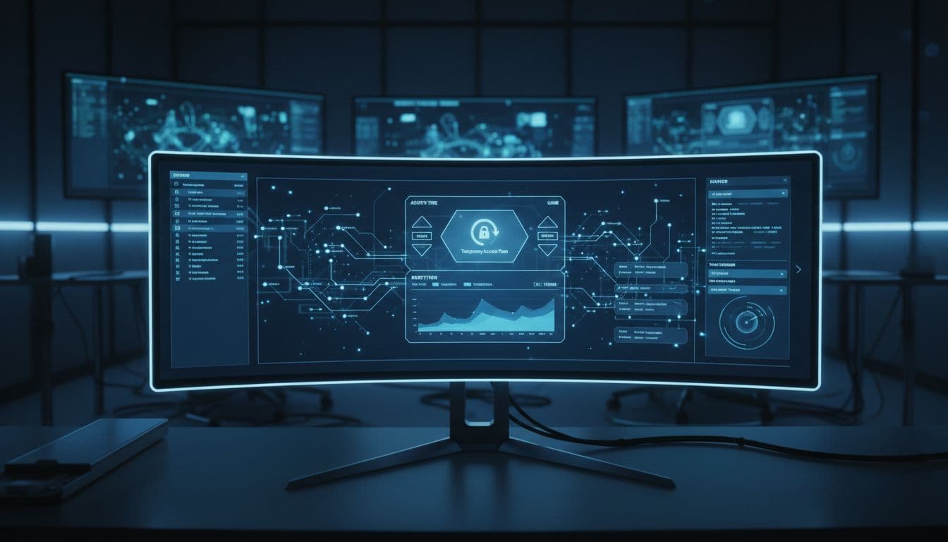 Large curved monitor shows Entra ID audit logs filtered for Temporary Access Pass in dimly lit SOC with blue lighting.