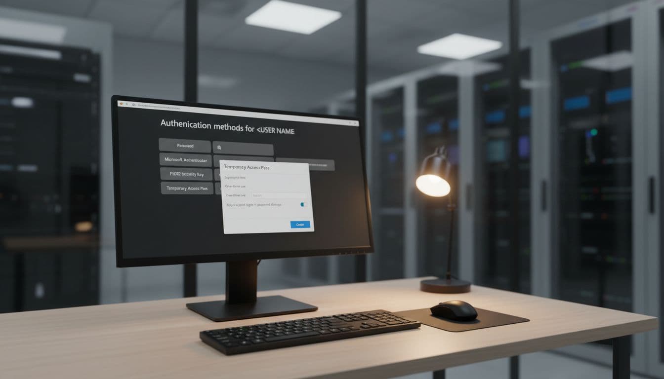 Desktop monitor in secure IT office shows blurred Entra ID Temporary Access Pass creation form with mouse nearby.